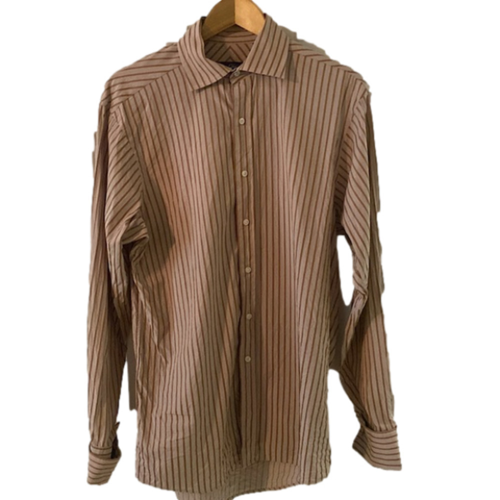 NWOT SeanJohn Mens Gray and Tan Striped French Cuff Dress Shirt Size M, 15 1/…